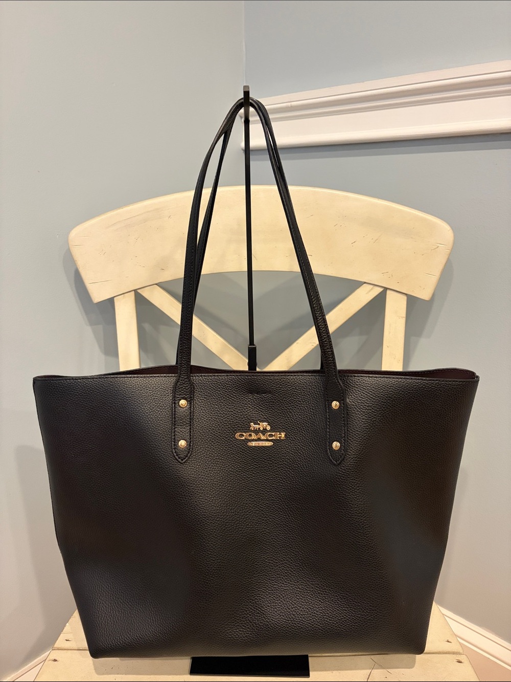 Coach Town Tote Black Pebbled Leather Tote with Gold Logo Hardware
